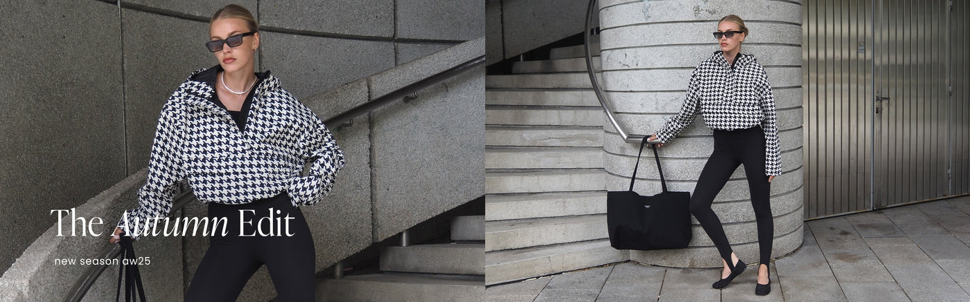 Modell iført Pepita Waterproof Anorak og Black Sense Stirrup Tights, stylet med solbriller og Black Waterproof Apparel Tote Bag.
