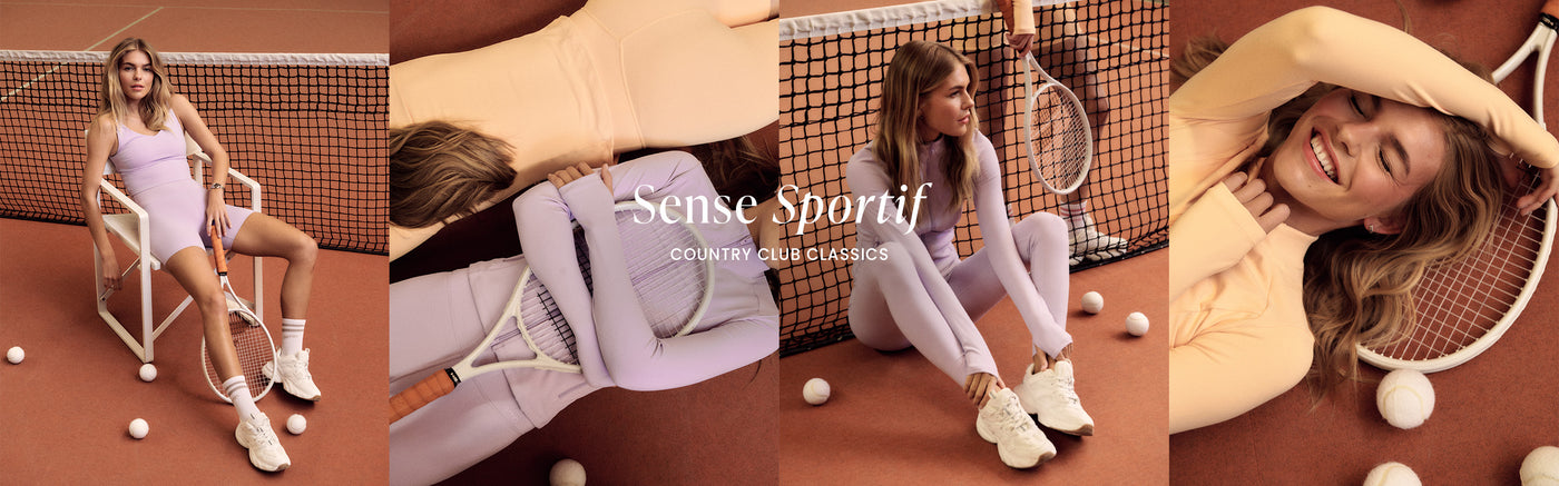 En collage viser en modell i aim'ns Sense Sportif kolleksjonens treningstøy, med en fargepalett dominert av myke pastellfarger som lavendel og fersken/sorbet-farget. Bildene er tatt på en tennisbane og inkluderer tennisrelaterte elementer, med teksten "Sense Sportif - COUNTRY CLUB CLASSICS" fremtredende i midten.