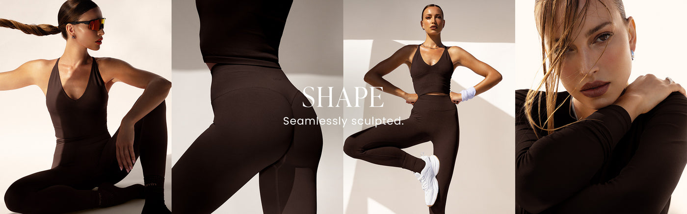 Modell poserer i Chocolate Shape sømløs topp og leggings