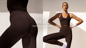 Modell poserer i Chocolate Shape sømløs topp og leggings