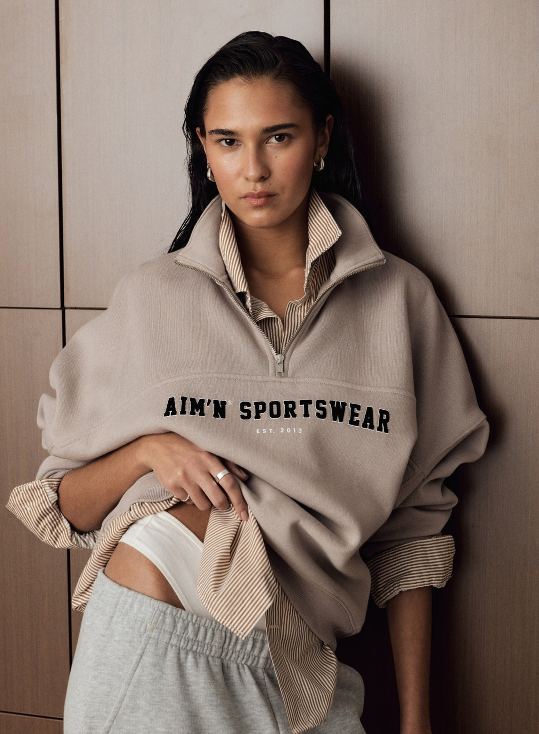 Dark Clay Varsity Sweat Half Zip – aim'n no